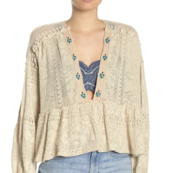 Free People Stargazing Oversized Cotton Embroidered Crochet V-Neck Sweater - Picture 2 of 11